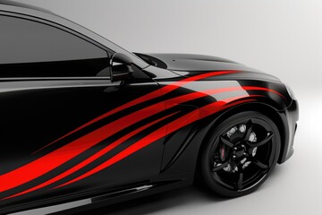 A black car with red stripes on the side. Suitable for automotive and racing themes