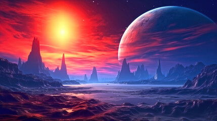 Alien planet landscape with glowing sun and mountains with fantastic rocks formations 3d illustration.