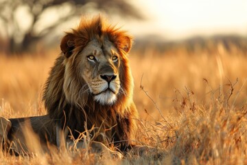 Obraz premium Lion portrait, lion in the savanna African wildlife landscape, AI-generated