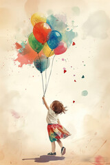 Small girl with colorful balloons in her hand, watercolor illustration.