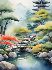 Tranquil Japanese Garden, Abstract Watercolor Landscape Background