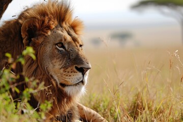 Lion portrait, lion in the savanna African wildlife landscape, AI-generated