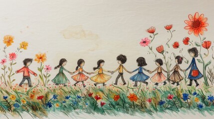 Fototapeta premium Illustration of a group of diverse children happily walking through a vibrant meadow, portraying unity, friendship, and the happiness of childhood