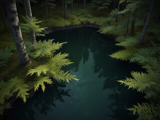 A small pond through a deep forest, the forest is very deep and the leaves of all the trees in the forest.