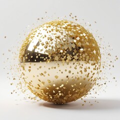 Abstract 3d render of golden sphere with confetti on white background