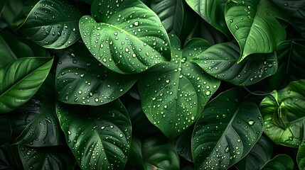 Green leaves texture background with water drops.