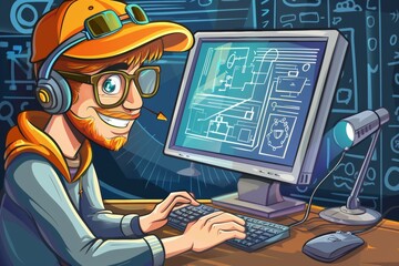 Crazy software ingineer fix computer , cartoon style illustration
