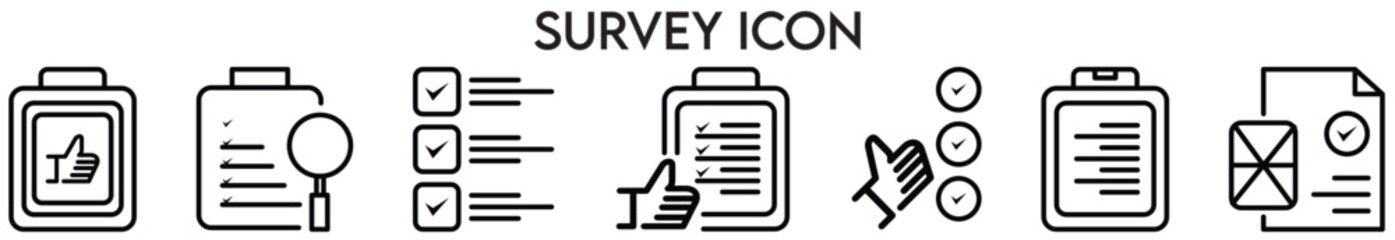 Survey web icons in line style. Opinions, rewiev, feedback, exam, collection. Vector illustration.