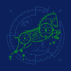 graphic of futuristic horse blueprint with tech element