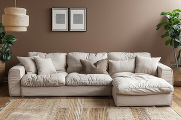 Neutral toned Scandinavian style living room with sectional sofa