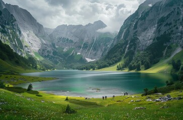 Fototapeta premium Wide-angle photo shows the surroundings around an alpine lake 