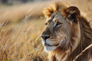 Fototapeta premium Lion portrait, lion in the savanna African wildlife landscape, AI-generated