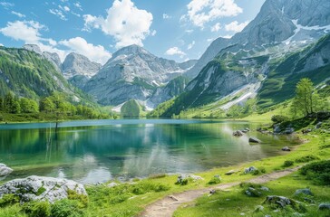 Fototapeta premium Wide-angle photo shows the surroundings around an alpine lake 