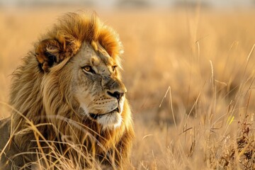 Lion portrait, lion in the savanna African wildlife landscape, AI-generated