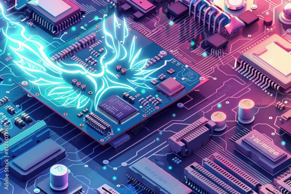 Aufkleber Detailed view of a circuit board with a bird perched on it. Ideal for technology and nature concepts