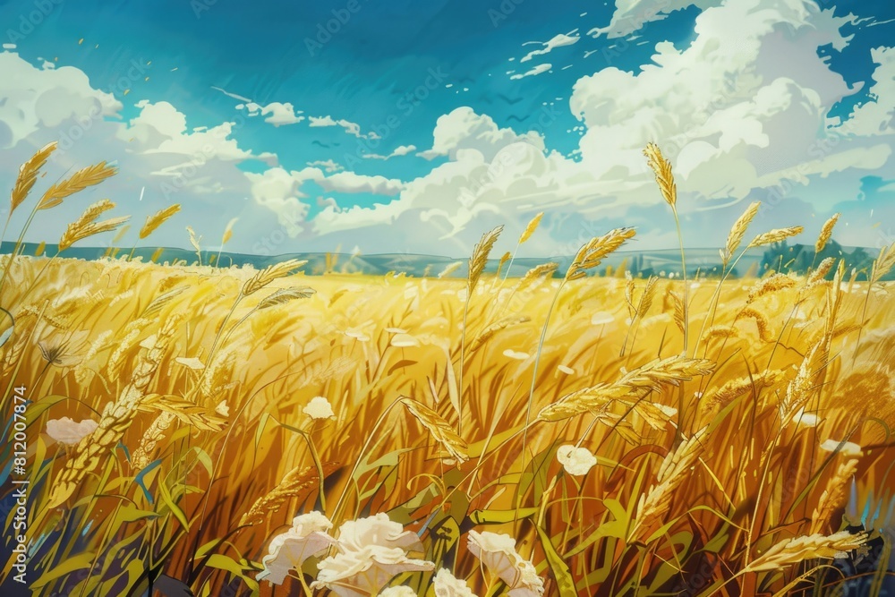 Poster a beautiful painting of a field filled with wheat and colorful flowers. ideal for nature and agricul