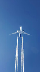 A commercial passenger plane flying through the air, with white vapour trail
