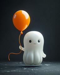 3D modeled cute ghost in a headshot, holding an orange balloon against a solid black background, front facing - obrazy, fototapety, plakaty