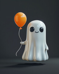 3D modeled cute ghost in a headshot, holding an orange balloon against a solid black background, front facing - obrazy, fototapety, plakaty