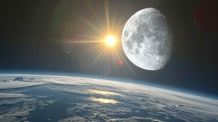 A bright sun is shining on the moon, creating a beautiful and serene scene - obrazy, fototapety, plakaty