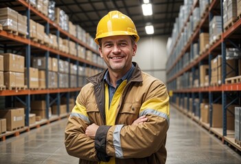 Portrait of warehouse workers in warehouse with racks of boxes on racks in background.