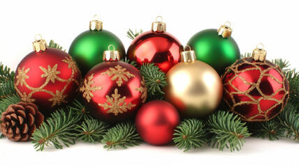 A bunch of Christmas ornaments are displayed on a white background - obrazy, fototapety, plakaty