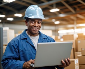 Warehouse worker in safety vest using a computer to track inventory in a distribution warhouse