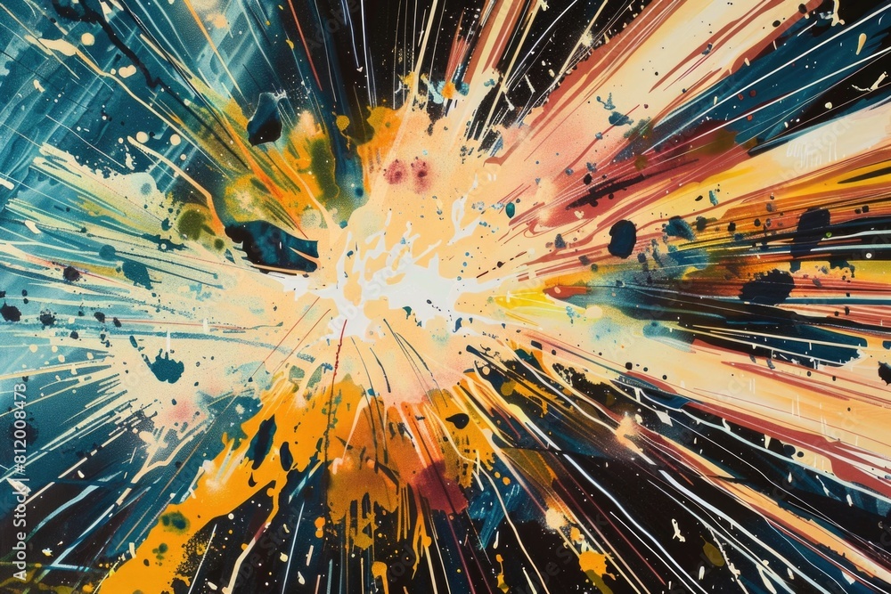 Poster abstract painting of colorful burst on black background. suitable for artistic and creative projects