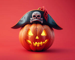 3D graphic of a pumpkin sporting a pirate hat, headshot layout on a solid red background, viewed from the front - obrazy, fototapety, plakaty