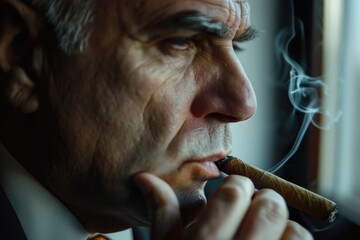 A man in a suit smoking a cigar. Suitable for business concepts