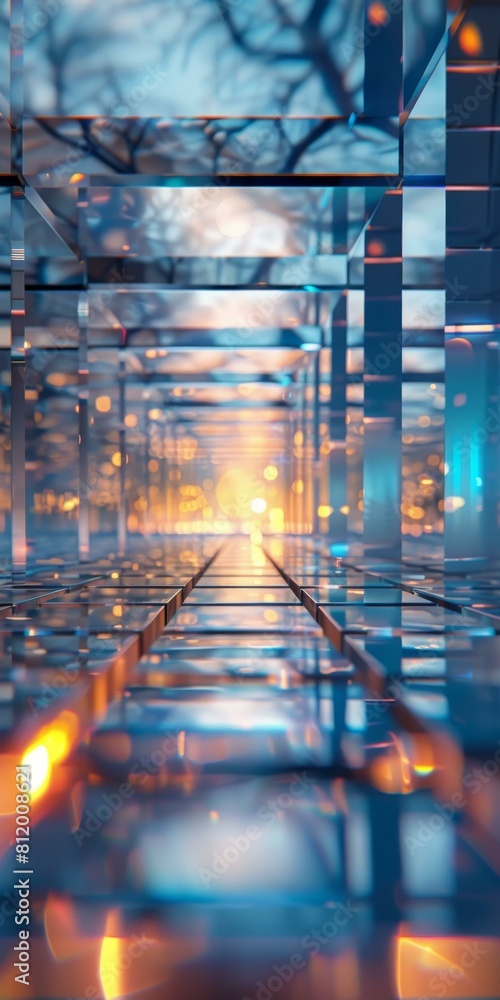 Poster 3D rendering of a glass tunnel with blue and orange lights