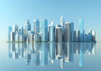 A cityscape with many skyscrapers and a river in front of it