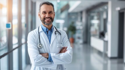 Smiling doctor standing in hospital with stethoscope