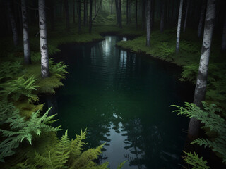 A small pond through a deep forest, the forest is very deep and the leaves of all the trees in the forest.