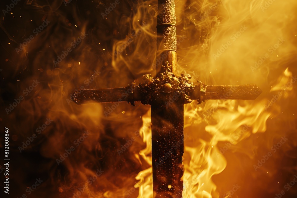 Poster detailed image of a sword engulfed in flames. suitable for fantasy or battle-themed designs