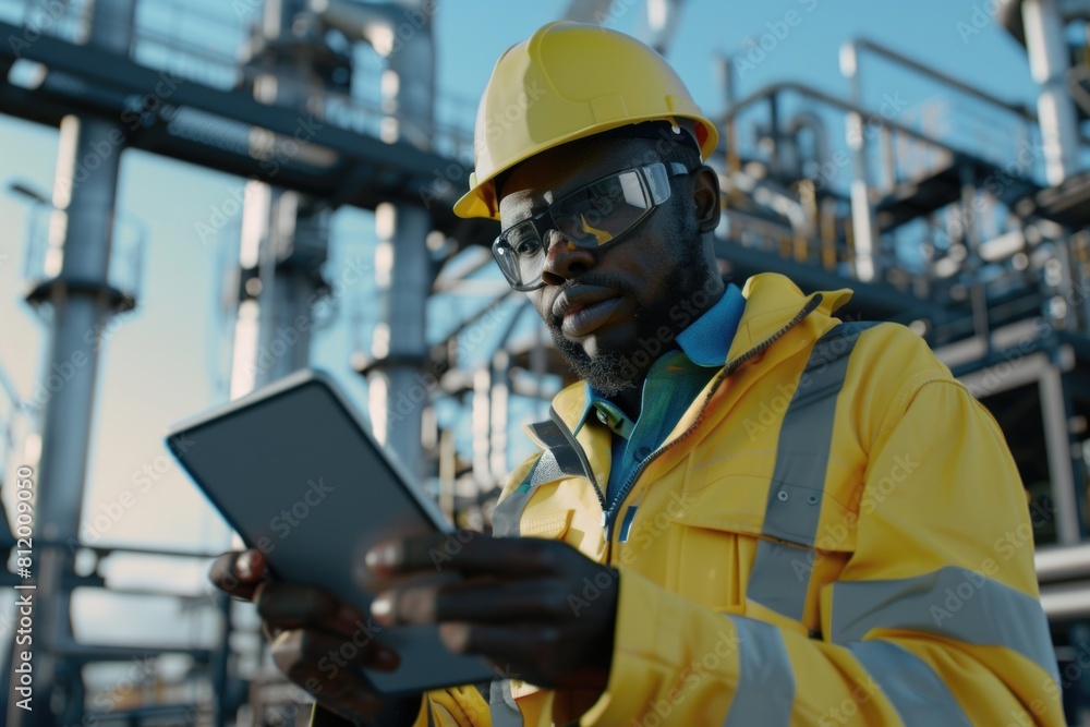 Poster a man in a hard hat and yellow jacket using a tablet. ideal for construction industry concepts