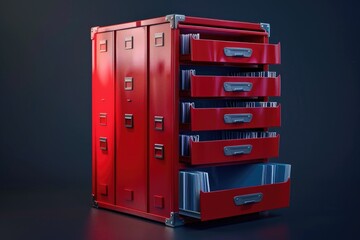 A red filing cabinet with drawers, versatile for office or home organization - Powered by Adobe