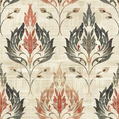 Botanical Ikat, Create a delicate ikat pattern featuring stylized leaves and flowers in soft, muted tones - obrazy, fototapety, plakaty