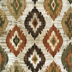 Earthy Ikat, Create an ikat print inspired by nature, incorporating earthy tones like ochre, brown, and green - obrazy, fototapety, plakaty