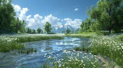 Fototapeta premium The river flows through the middle of the meadow