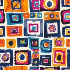 Geometric Ikat, Design a geometric ikat print with repeating squares, triangles, and circles in contrasting colors - obrazy, fototapety, plakaty