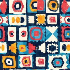 Geometric Ikat, Design a geometric ikat print with repeating squares, triangles, and circles in contrasting colors - obrazy, fototapety, plakaty