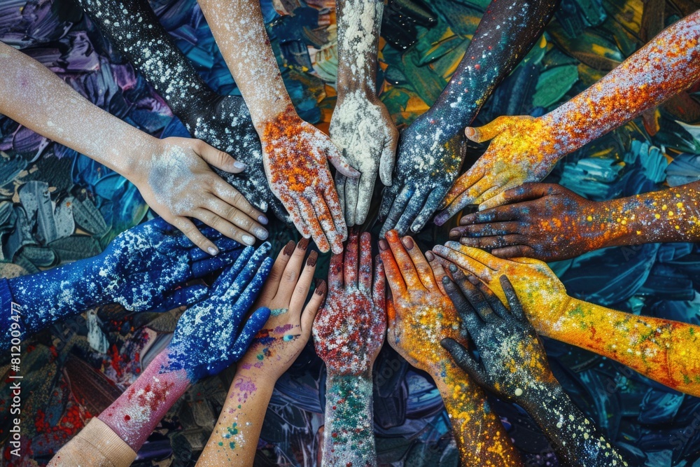 Poster group of people forming a circle and holding hands. ideal for team building concepts