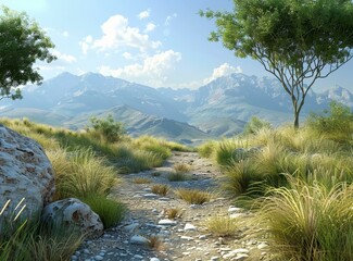 Rocky path through a grassy field with mountains in the distance