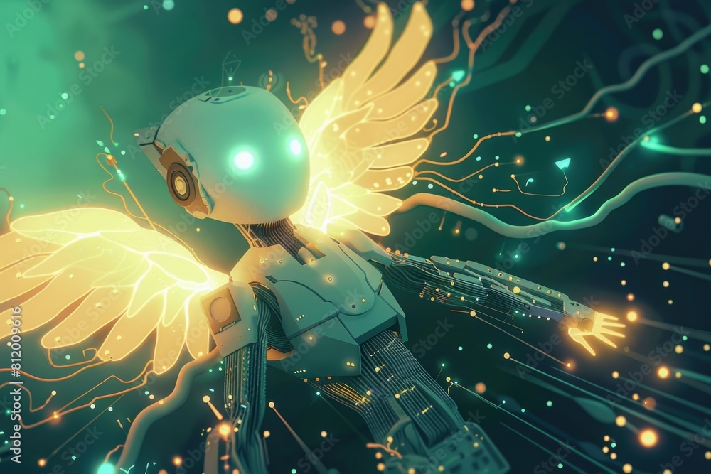 Poster A robot with wings flying through the air. Suitable for technology and futuristic concepts