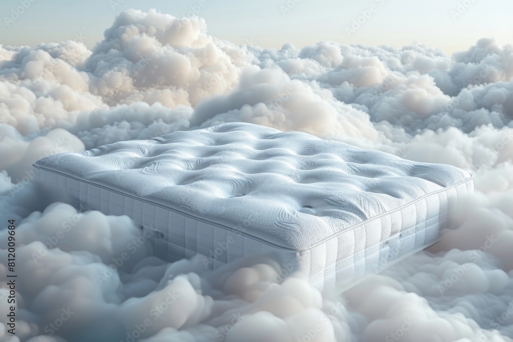 Poster A surreal image of a mattress floating in a cloud-filled sky. Suitable for dream or sleep-related concepts