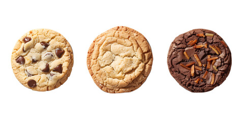 top down view of 3 cookies on transparent background