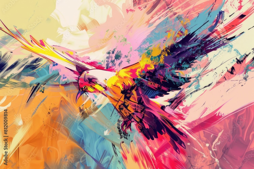 Poster a vibrant bird soaring through the sky, suitable for various projects
