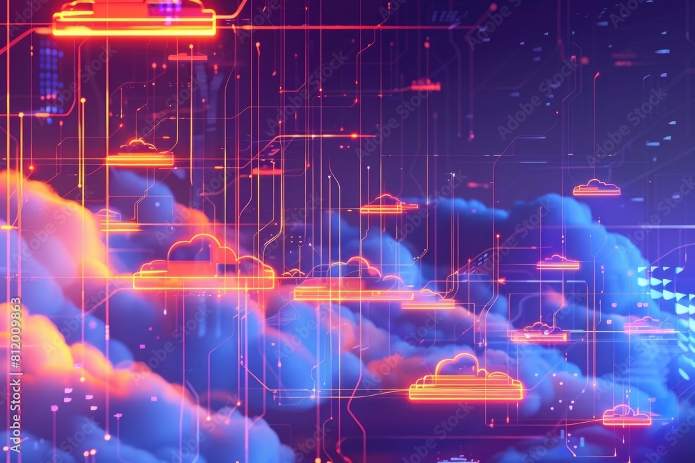 Poster a digital image featuring clouds and neon lights. perfect for futuristic and technology concepts