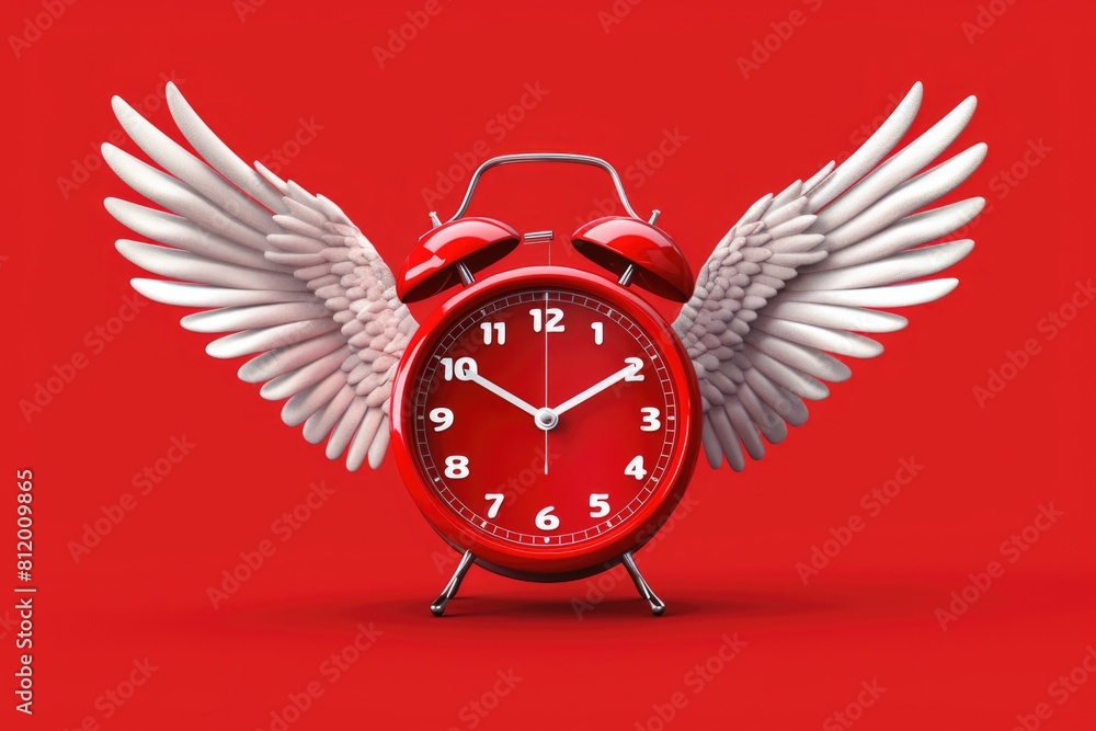 Aufkleber A unique alarm clock with wings on a vibrant red background. Perfect for time management concepts